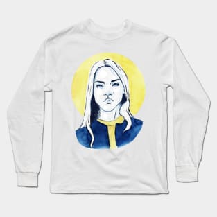 Sketch Portrait of a Girl in Yellow and Blue Long Sleeve T-Shirt